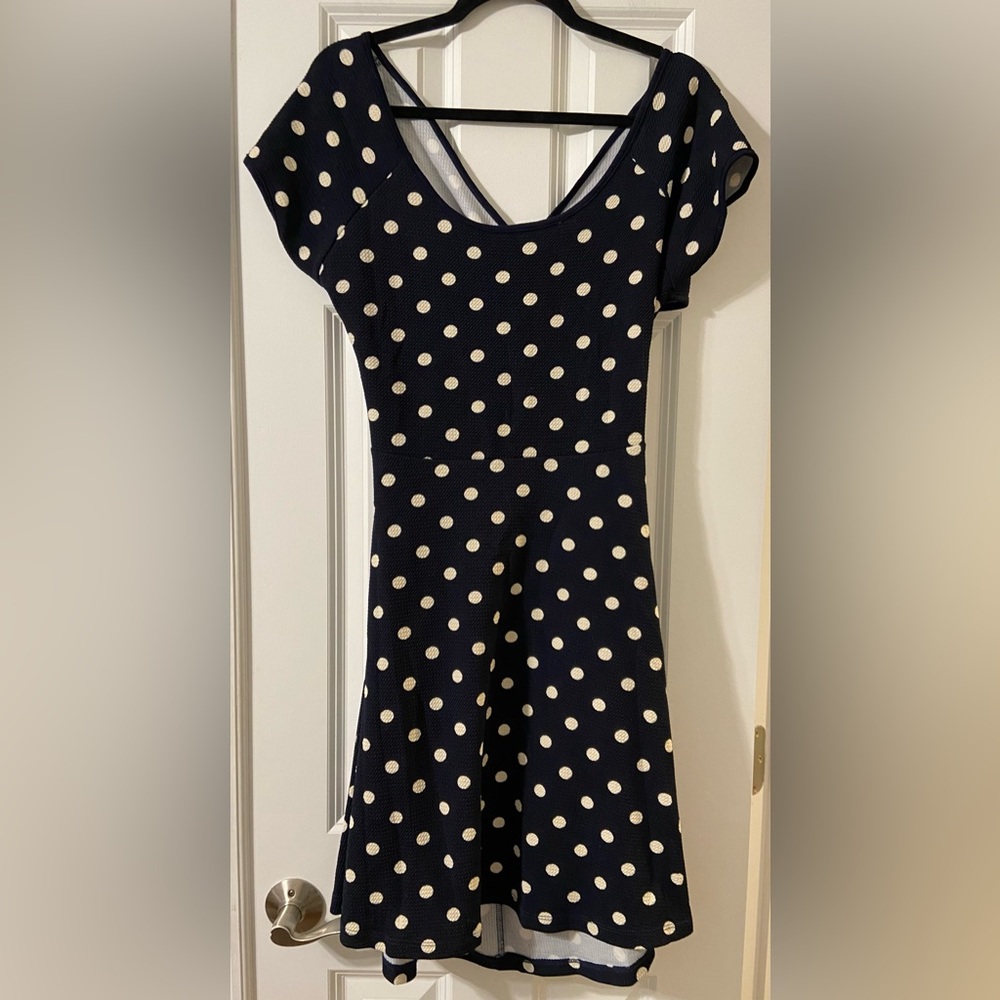 Gilli Navy & White Polka Dot Short Sleeve Cross Back Fit & Flare Dress - XL